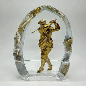 NYBRO Sweden Male Golfer - Gold Relief in Clear Glass Crystal 6.5" Figurine